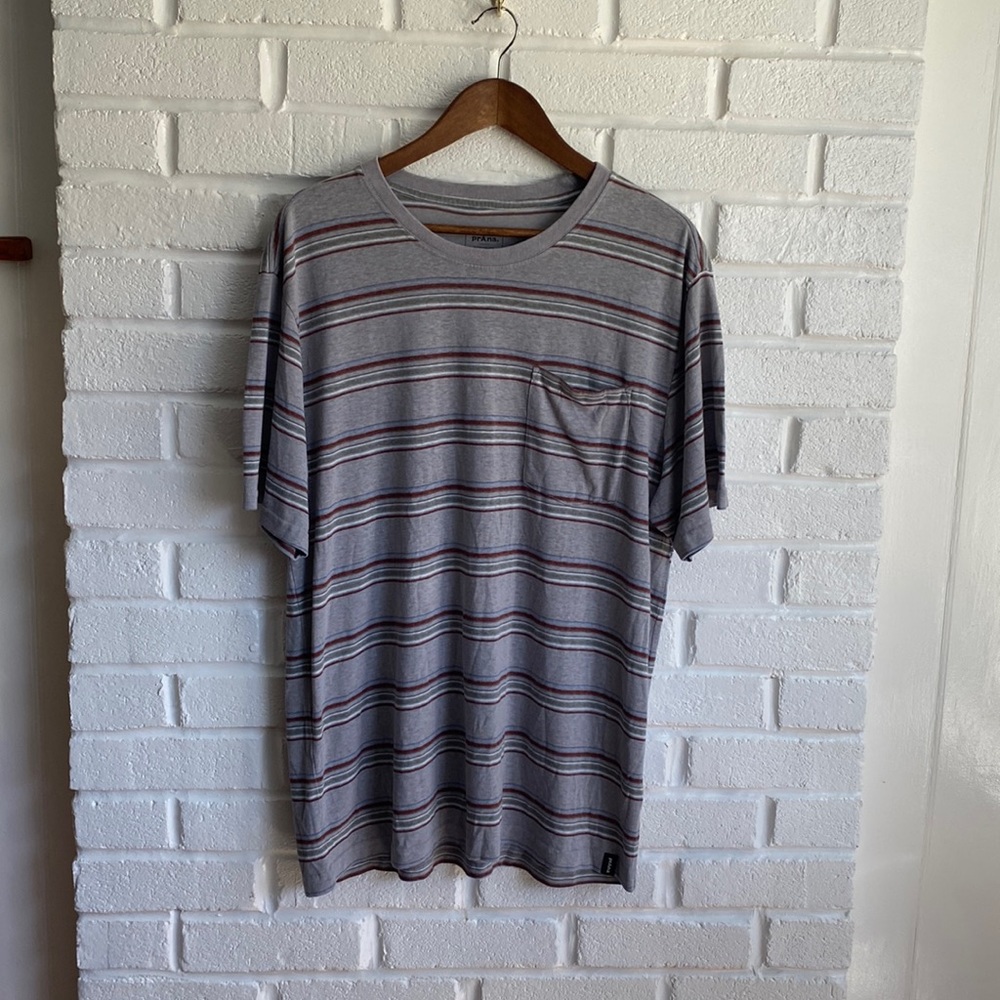 Men’s prana xl t shirt stripes hemp sustainable gray brown blue front pocket EUC